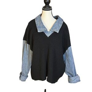 POL Mixed Media Black Sweater Denim Sleeves Women’s Size Small Oversized Knit
